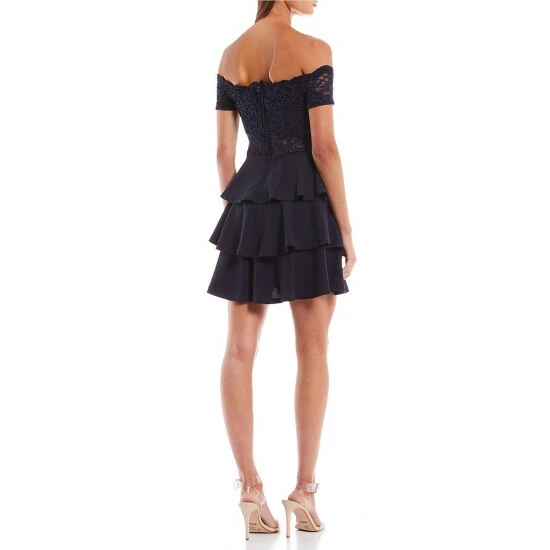 Best Pirce π City Vibe Cold-Shoulder Lace/Scuba Fit-And-Flare π Dress Navy 𧨠- Image 2