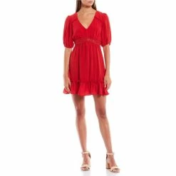 Coupon 🔥 City Vibe Puffed Sleeve Fit-And-Flare 👗 Dress Red 👍