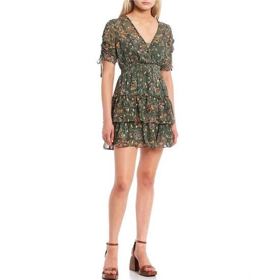 Flash Sale β¨ City Vibe Short Sleeve Smocked Waist Tiered Floral Fit-And-Flare π Dress Olive/wine π