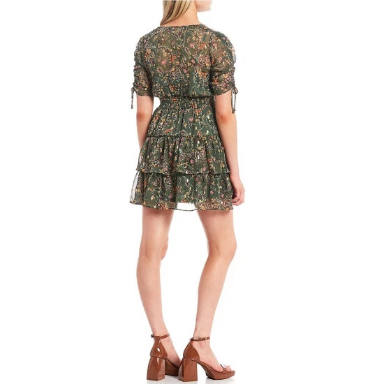 Flash Sale β¨ City Vibe Short Sleeve Smocked Waist Tiered Floral Fit-And-Flare π Dress Olive/wine π - Image 2