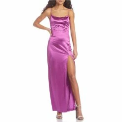 Coupon 👏 City Vibe Spaghetti Strap Scoop Neck Open Back Slit Hem Shiny Long 👗 Dress Orchid 🛒