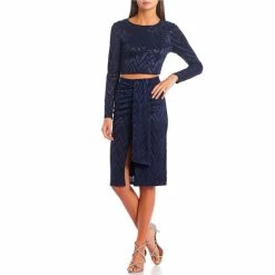 Wholesale 🛒 City Vibe Long-Sleeve Glitter-Knit Top & Midi 👗 Skirt Two-Piece 👗 Dress Navy 🛒