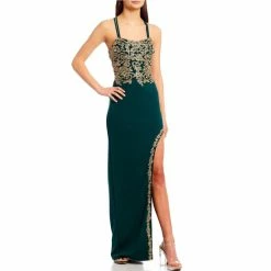 Hot Sale 😍 City Vibe Spaghetti Strap Square Neck Embroidered Strappy Back Side Slit Long 👗 Dress Pine Green ✔️