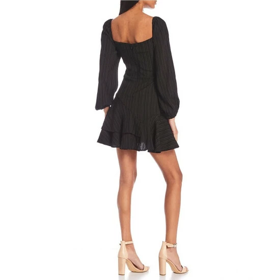 Hot Sale π City Vibe Long Sleeve Square Neck Double Flounce Hem Textured Stripe π Dress β - Image 2