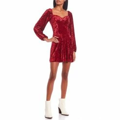 Best deal ✔️ City Vibe Corset Sweetheart Neck Long Sleeve Velvet 👗 Dress Bright Wine 🌟