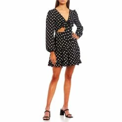 Brand new 😍 City Vibe Puff Long-Sleeve Tie-Front Cut-Out Dot Printed Tiered Hem Fit-And-Flare 👗 Dress Black/white 👍