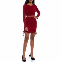 Wholesale 👍 City Vibe Long-Sleeve Top & Ruched 👗 Skirt Two-Piece 👗 Dress Burgundy 👍