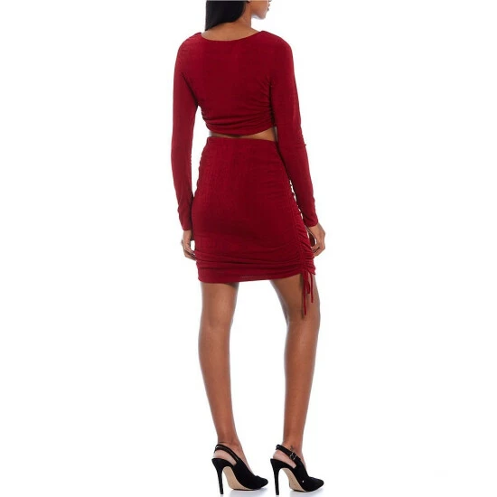 Wholesale π City Vibe Long-Sleeve Top & Ruched π Skirt Two-Piece π Dress Burgundy π - Image 2
