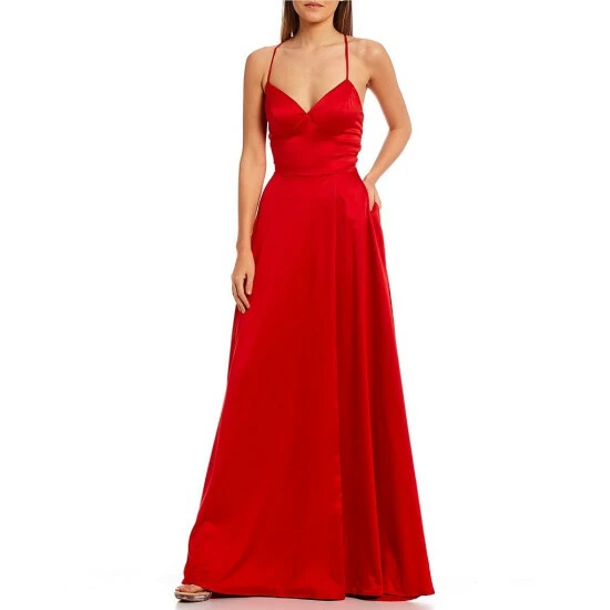 Cheapest π City Vibe V-Neck Spaghetti-Strap Lace-Up-Back Satin Charmeuse Long π Dress Cherry β