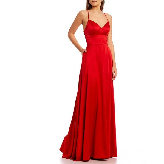 Cheapest π City Vibe V-Neck Spaghetti-Strap Lace-Up-Back Satin Charmeuse Long π Dress Cherry β - Image 2
