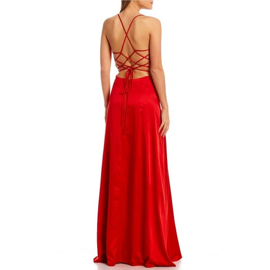 Cheapest π City Vibe V-Neck Spaghetti-Strap Lace-Up-Back Satin Charmeuse Long π Dress Cherry β - Image 3