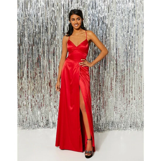 Cheapest π City Vibe V-Neck Spaghetti-Strap Lace-Up-Back Satin Charmeuse Long π Dress Cherry β - Image 4