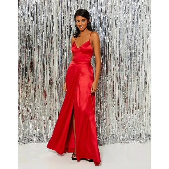 Cheapest π City Vibe V-Neck Spaghetti-Strap Lace-Up-Back Satin Charmeuse Long π Dress Cherry β - Image 5