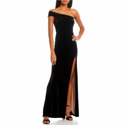 New π City Vibe One-Shoulder Side Slit Long Velvet π Dress Black/rose π