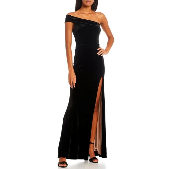 New 😀 City Vibe One-Shoulder Side Slit Long Velvet 👗 Dress Black/rose 🛒