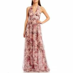 Best Sale 🛒 City Vibe Sleeveless Halter-Neck Ruched Floral Printed Glitter-Mesh Pleated Ball Gown Pink/magenta 😀
