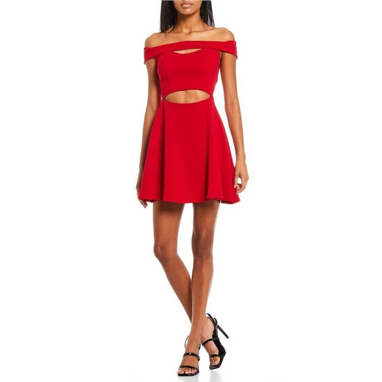 Cheapest π City Vibe Off-The-Shoulder Cutout-Detailed Fit-And-Flare Scuba Crepe π Dress Cherry π