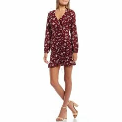 Discount 😍 City Vibe Long-Sleeve Floral-Printed Ruched A-Line 👗 Dress Wine/ivory ✔️