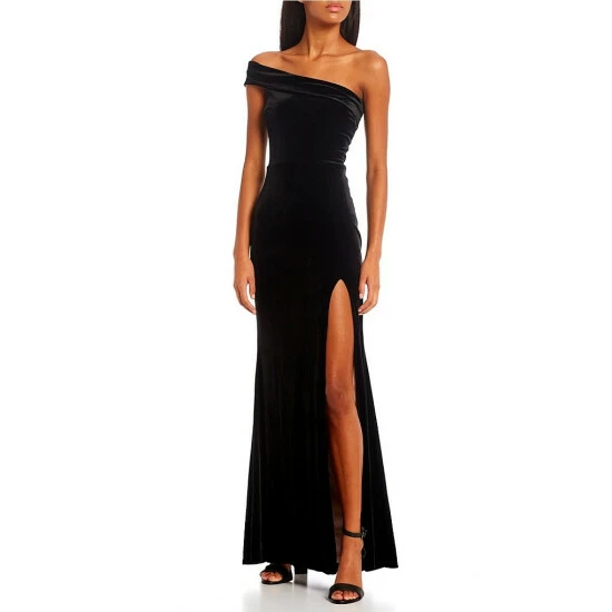 New 😀 City Vibe One-Shoulder Side Slit Long Velvet 👗 Dress Black/rose 🛒 - Image 3