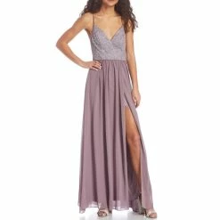 Best Sale 🎉 City Vibe Spaghetti Strap V-Neck Glitter Lace Bodice Cage Back High Slit Hem Long 👗 Dress Lavender/silver ⭐