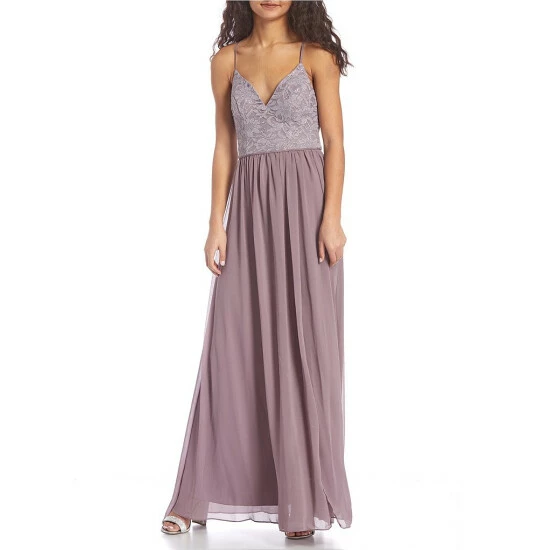 Best Sale π City Vibe Spaghetti Strap V-Neck Glitter Lace Bodice Cage Back High Slit Hem Long π Dress Lavender/silver β - Image 2