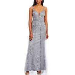 Wholesale 😉 City Vibe Sleeveless Plunge V-Neck Beaded Mesh Overlay Ball Gown Slate/sliver ⌛