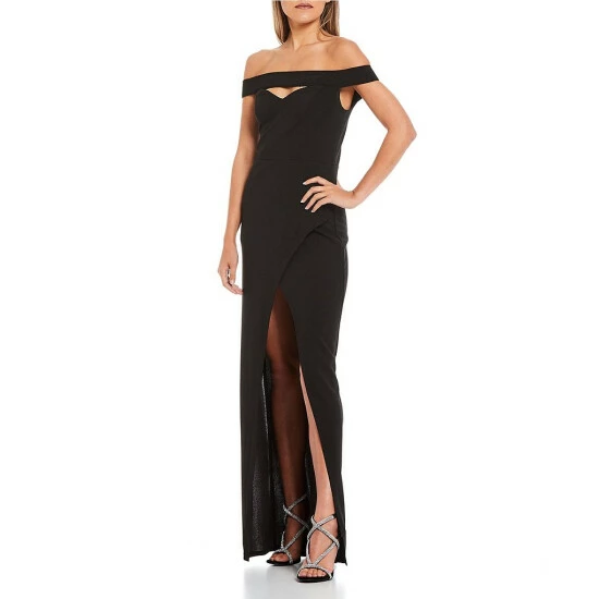 Coupon π City Vibe Off-the-Shoulder Cutout Scuba Crepe Slit Faux-Wrap π Skirt Slim Long π Dress Black π