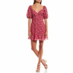 Discount ⭐ City Vibe Puffed Sleeve Floral Fit-And-Flare 👗 Dress Wine/pink 🛒