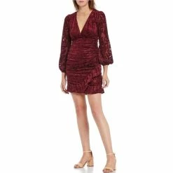 Best Pirce 😀 City Vibe 3/4 Sleeve Flocked Velvet Ruched Flounce-Hem 👗 Dress Wine ✨