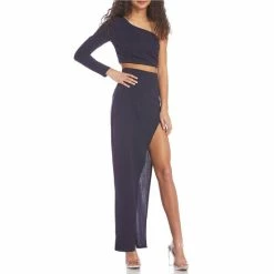 Best deal 😉 City Vibe One Shoulder Long Sleeve Rhinestone Strap Crop Top & Wrap 👗 Skirt Two-Piece 👗 Dress New Dark Blue 🔔