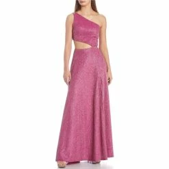 Deals 👍 City Vibe Sleeveless One-Shoulder Cut-Out Side Slit Glitter Knit Long 👗 Dress Magenta ⭐