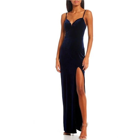 Wholesale βοΈ City Vibe Spaghetti Strap Sweetheart Notch Neck Slit Hem Slim Velvet π Dress Navy π