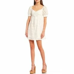 Coupon ⌛ City Vibe Puff Short-Sleeve Ruffled Sweetheart-Neck Cinched Tie-Front Pleated Burnout Mesh 👗 Dress Ivory 👍
