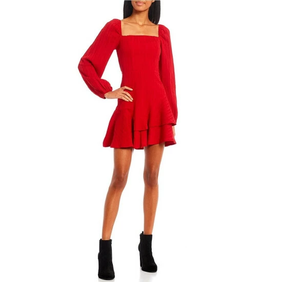 Hot Sale π City Vibe Long Sleeve Square Neck Double Flounce Hem Textured Stripe π Dress β - Image 3