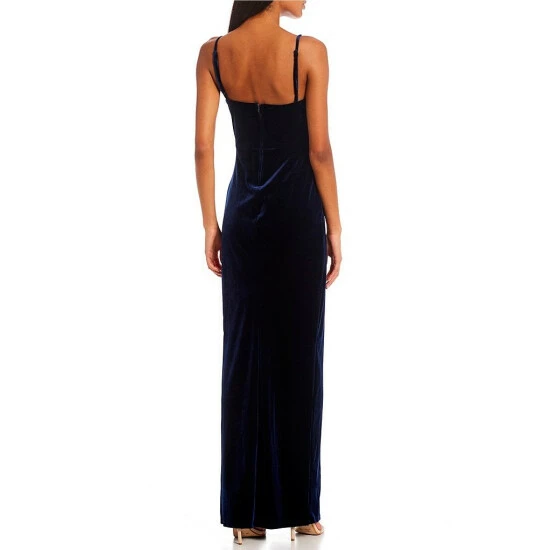 Wholesale βοΈ City Vibe Spaghetti Strap Sweetheart Notch Neck Slit Hem Slim Velvet π Dress Navy π - Image 2