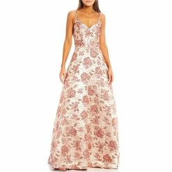 Flash Sale 🧨 City Vibe Double Spaghetti Strap Cage Back V-Neck Metallic Floral Jacquard Ball Gown Gold/mauve ❤️