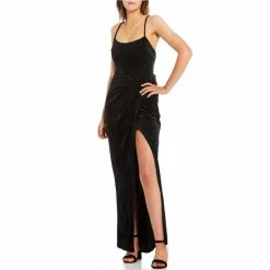 Discount 🤩 City Vibe Spaghetti Strap Lace-Up-Back Scoop Neck Glitter Velvet Slit Hem Long 👗 Dress Black Combo Multi ✔️