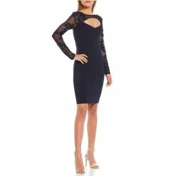 Buy 😉 City Vibe Long Sleeve Sequin-Embellished Mesh Yoke Cutout Scuba Crepe Sheath 👗 Dress Navy 😀