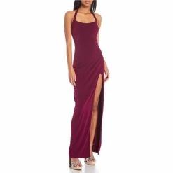 Top 10 ✔️ City Vibe Scoop Neck Halter Open Back Slit Hem ITY Long 👗 Dress Cranberry ⌛