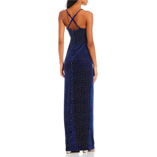 Best Sale π City Vibe V-Neck Rhinestone Cross Back Strap Long π Dress Royal Blue π - Image 2
