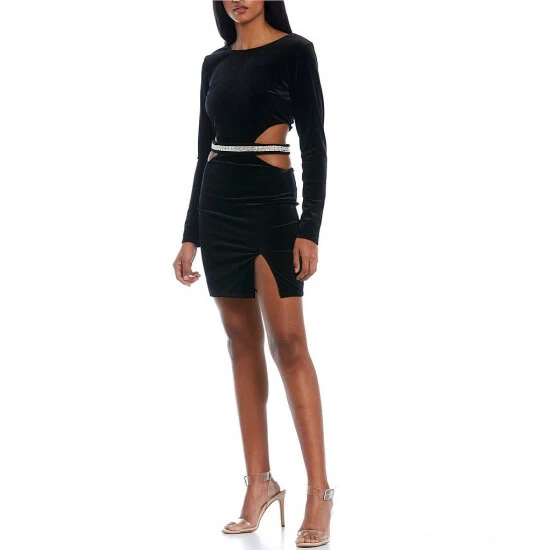 New π City Vibe Long-Sleeve Cutout-Side Rhinestone-Waist Velvet Sheath π Dress Black π₯° 3 New π City Vibe Long-Sleeve Cutout-Side Rhinestone-Waist Velvet Sheath π Dress Black π₯° - Image 3