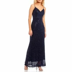 Best reviews of π City Vibe Spaghetti Strap V-Neck Sequin Fringe Long π Dress Navy π₯
