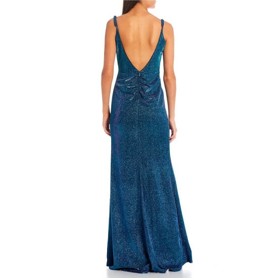 Top 10 π€© City Vibe Spaghetti Strap Plunge Neck V-Back Slim π Skirt Shimmer Shine Long π Dress Teal π - Image 2