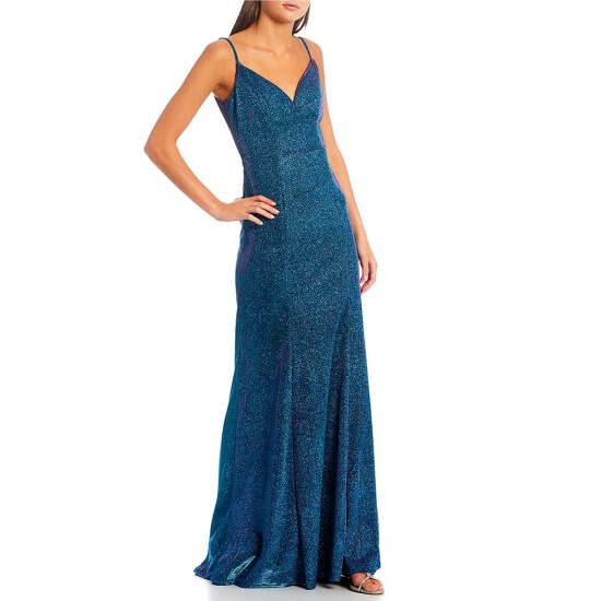 Top 10 π€© City Vibe Spaghetti Strap Plunge Neck V-Back Slim π Skirt Shimmer Shine Long π Dress Teal π - Image 3