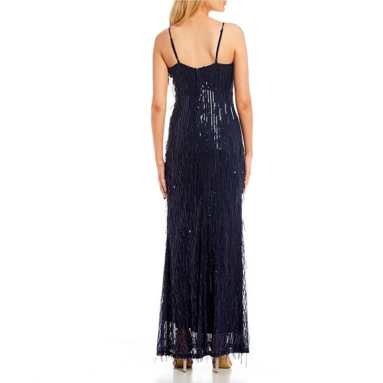 Best reviews of π City Vibe Spaghetti Strap V-Neck Sequin Fringe Long π Dress Navy π₯ - Image 2