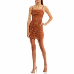 Discount 🥰 City Vibe Spaghetti Strap Square Neck Mesh Ruched Drawstring Fitted 👗 Dress Caramel 🎁