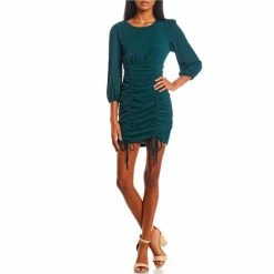 Best deal 🤩 City Vibe Round Neck Blouson Sleeve Ruched Tie 👗 Skirt Textured Sheath 👗 Dress Emerald 👍