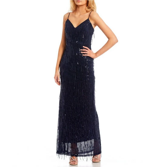 Best reviews of π City Vibe Spaghetti Strap V-Neck Sequin Fringe Long π Dress Navy π₯ - Image 3