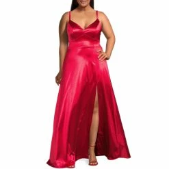 Promo ⭐ City Vibe Plus Spaghetti Strap V-Neck Corset Top Power Sateen Long 👗 Dress Bright Red 🎉