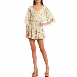 Best Pirce 🤩 City Vibe Puff Elbow-Sleeve V-Neck Floral Printed Tiered Peasant Romper Ivory/sage 🎉